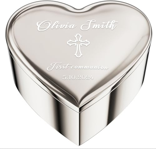 iDIY Boîte à Bijoux Personnalisée avec Croix, Nom et Date, Cadeau de Baptême pour Petite Fille, Couleur Argent-Première Communion