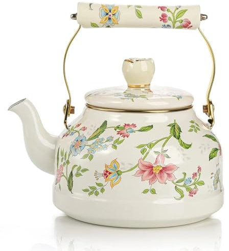Bouilloire vintage en émail pour cuisinière, jolie théière avec perle en céramique à motif floral rose, cafetière à eau avec poignée en céramique, 2,5 L(A)