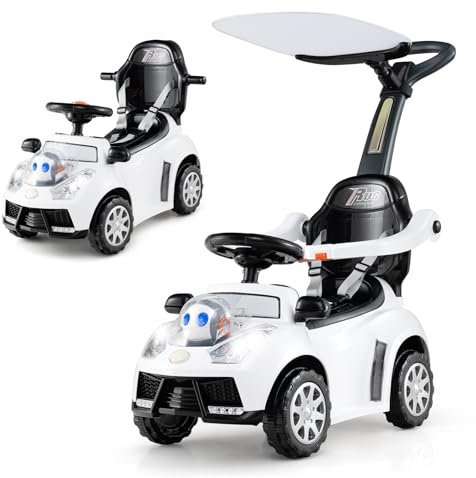 COSTWAY 3-in-1 Rutschauto mit Schiebestange, Rutschfahrzeug mit Hupe, Musik, Licht & Sicherheitsgurt, Schiebauto mit Stauraum, abnehmbarem Schutzbügel, Rutscher Auto für Kinder ab 1 Jahr (Weiß)