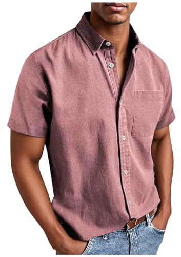 Chemise à manches courtes pour homme - Grandes tailles - Chemise d'été boutonnée - Décontractée - Coupe ample - Uni - Infroissable - Avec poches - Rose, 5XL grande
