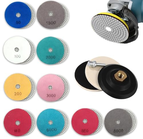 14 Stück Nass Trocken Diamant Schleifscheibe, 100mm TDiamant Schleifpads, Marmor Polierset Schleifpads mit 1 M14 Gummi-Stützteller, 2 Wollpads, 50#-8000# Schleifscheibe für Granit Stein Beton Marmor