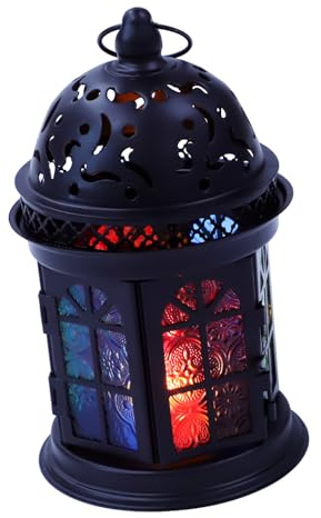 ARTSEWPLY Vintage Metall kerzenhalter mit Buntem Glas Windlicht Laterne für Stumpenkerzen Dekorativer Tischleuchter für Indoor und Outdoor als Stilvolles Deko Element und Mittelstück