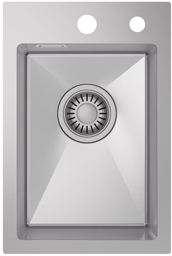 CECIPA Fregadero de cocina 30 x 45 cm, fregadero de cocina con sifón, fregadero de cocina de acero inoxidable 304 rectangular, fregadero de cocina con 2 agujeros para grifo, 1 lavabo empotrable de