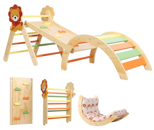 Panana Baby Toddler Climbing Frame, Foldable Wooden Toddler Climbing Indoor,Montessori Climber Indoor Set with Arch, Ramp, Ladder (Lion in 166cm Length, With Cushion)