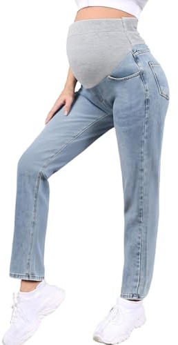 Freebily Moderskap Jeans för gravida kvinnor långa mammakläder byxor med fickor arbetsbyxor casual moderskap jeans graviditet leggings, Ljusblå, M