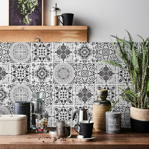 Ntrniva Black and White Geometric Tile Stickers, Victorian 15cm, 24 Pack | Self-adhesive geometric wall tile transfers for kitchen, bathroom & fireplace. Black & white victorian tile stickers.