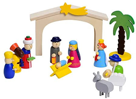 ewtshop® Spielkrippe mit 10 handbemalten Figuren aus Holz und Palme mit Jesus, Maria, Josef die heiligen DREI Könige, Stall mit Stern, Engel, Hirte Schaf und Esel