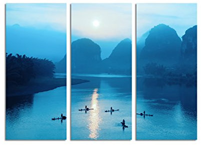Paul Sinus Art 130x90cm – Keilrahmenbild Sonnenaufgang Berge Fluss China 3teiliges Wandbild auf Leinwand und Keilrahmen - Fotobild Kunstdruck Artprint