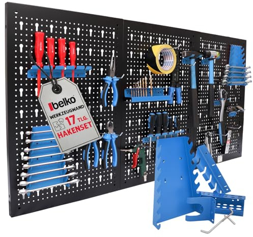 Werkzeuglochwand aus Metall mit 17tlg. Hakenset, ca. 120 x 60 x 1,5 cm, Werkzeug-wand Loch-wand für Werkstatt, Blau, Panorama24…