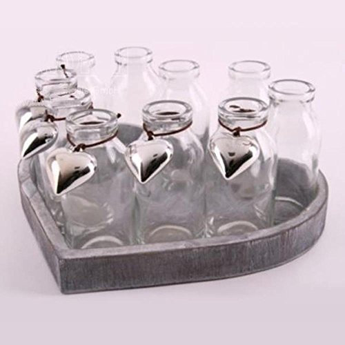 10 Glasvasen auf Herzform Holztablett - kleine Flaschenvasen. Länge 25cm