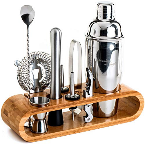 Kit de mixologie pour barman : lot de 10 outils de barman avec support en bambou élégant et shaker à martini - argenté