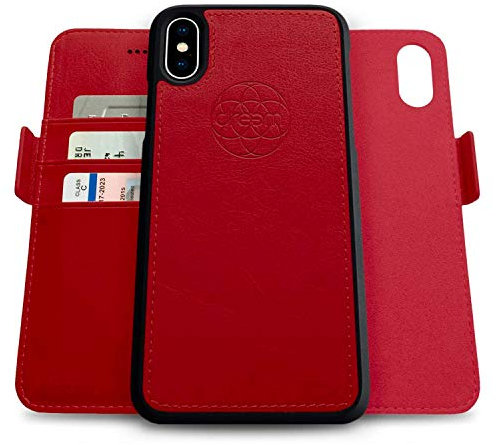Dreem Fibonacci 2in1 Handyhülle Flipcase für iPhone X/Xs | Magnetisches iPhone Case | TPU Etui Lederhülle Schutzhülle, RFID Schutz, Veganes Kunstleder, Geschenkbox | Rot