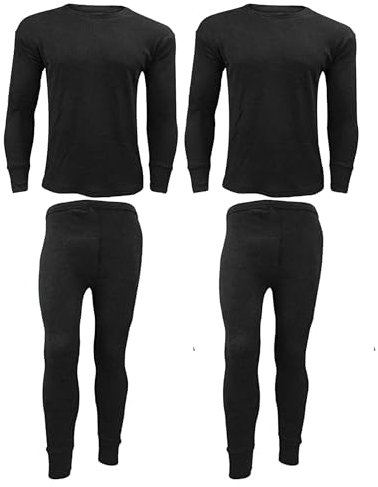 2 x Full Set Mens Thermal Underwear Long Sleeve Vest TOP & Long Johns (Black, Medium)