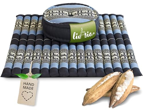 livasia Meditationsset XL - Ø 38x15cm / Matte 75x75x4,5cm - Yogaset mit Kissen und Matte, Pouf, Yogamatte und Yogakissen mit Kapok handgefertigt, Bodenkissen Outdoor, Zafukissen (Blau/Elefanten)