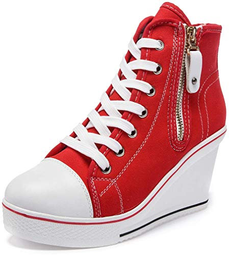High-Top-Keilschuhe für Damen, EU-Größe 35-43, Leinen, Casual-Stil, für Frühling / Sommer, Keilabsatz, - 04 Rot - Größe: 39 EU