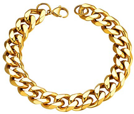 FOCALOOK Panzerkette Armband für Jungen Männer 18k vergoldet Halskette 12mm/21cm Hip Hop Rapper kubanische Gliederarmband Armkette Accessoire für Valentinstag Weihnachten