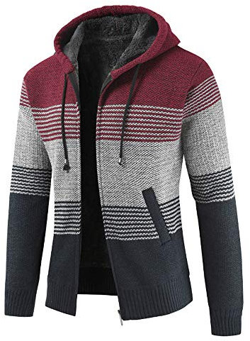 Biutimarden Maglia da Uomo Autunno Inverno Cardigan con Cerniera Manica Lunga Felpa Giacca Maglione Moda Cappotto con Cappello (Rosso S)