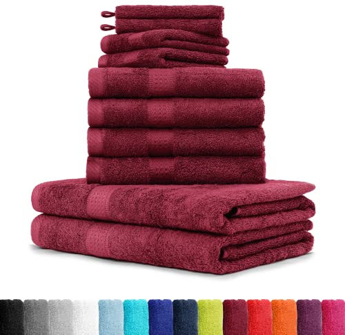 BaSaTex - 10er Pack Handtuch Komplett-Set - Frottee-Handtücher mit Aufhängeschlaufe 4X Handtuch, 2X Duschtuch, 2X Gästetuch, 2X Waschhandschuh Öko-Tex Made in Green Zertifiziert - Bordeaux