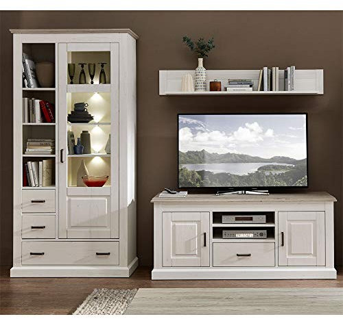 Lomadox Landhaus Wohnzimmer Media-Wohnwand mit LED-Beleuchtung in Pinie weiß mit Abs. Taupe