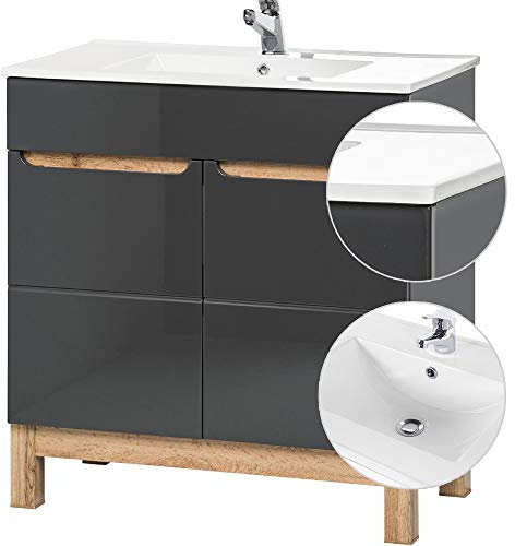Lomadox Badezimmer Waschtisch Set mit 81cm Keramik-Waschbecken, Unterschrank Hochglanz grau & Wotaneiche, Softclose-Türen, B/H/T 81/85/46cm