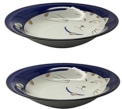 JapanBargain, Set of 2 Japanese Soup Bowls Shallow Porcelain Bowl for Curry Rice Cereal Poke Salad and Dessert, Maneki Neko Smiling Cat Pattern, Made in Japan, 8.5 inch, Blue Color