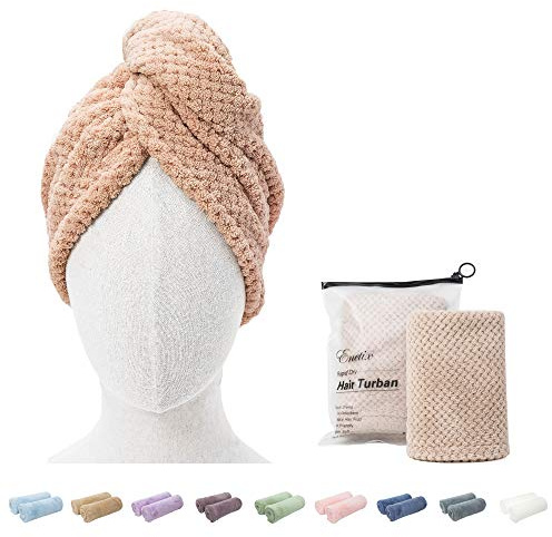 ENETIX Lot de 2 serviettes de séchage en microfibre pour femme, 25,4 x 68,6 cm, super absorbantes, anti-frisottis, turban à cheveux, serviettes à cheveux à séchage rapide avec bouton (kaki (motif))