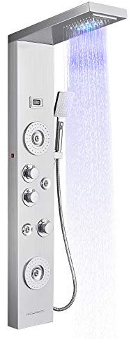 OUGOO LED Duschpaneel mit Armatur - 2 Modi Gleichzeitig, Duschsystem Komplettset, Temperaturanzeige, Regendusche, Wasserfalldusche, Massagedüsen, Handbrause, Badewannenauslauf, Edelstahl, Gebürstet