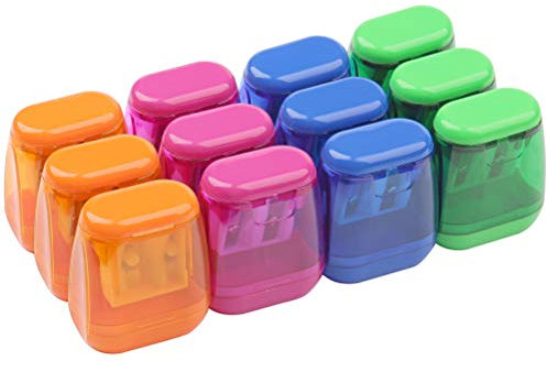kuou 12 pcs Pencil Sharpener, Dual Holes Sharpener with Lid for Kids Colored Plastic Manual Pencil Sharpeners for Office Home Supply