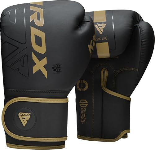 RDX Guantes de Boxeo Muay Thai Entrenamiento, Maya Hide Cuero, Kara Boxing Gloves para Sparring Kickboxing Saco Manoplas de Boxeo MMA Fight Training, Hombres Mujeres, 8 10 12 14 16oz (Dorado, 8OZ)