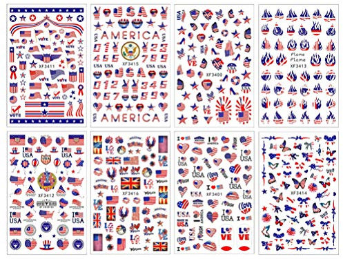 minkissy American Flag Nail Art Stickers - 8 Sheets 4th of July Independence Day Nail Art Decals National Day Manicure Decals for Memorial Day Women Girls