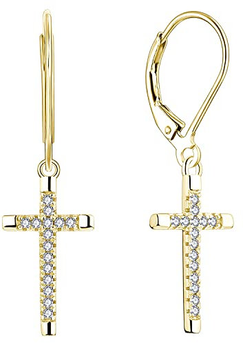 JO WISDOM Damen Hängende Ohrringe Kreuz Kruzifix Silber 925 mit 3A Zirkonia Kristall mit Gelb Vergoldet,Schmuck für Frauen