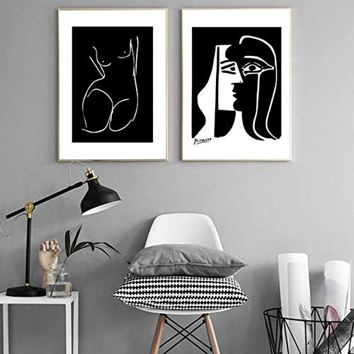 Picasso Kiss Galerie Wandkunst Leinwand Poster und Drucke Schwarz-Weiß-abstrakte Kunstbilder Wohnkultur Fertig zum Aufhängen 50x70cmx2 Innenrahmen