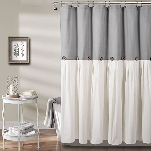 Lush Decor Tenda da doccia plissettata in lino con bottoni, design bicolore per bagno, 183 cm di larghezza x 198 cm di lunghezza, grigio e bianco