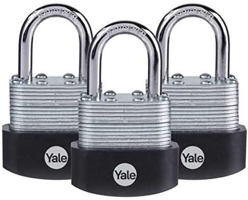 Yale Laminiertes Vorhängeschloss mit 3,8 cm Bügel und 3 gleichschließenden Schlüsseln für Tor, Zaun, Aufbewahrung, 3 Stück