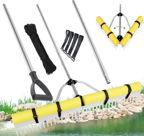 Râteau flottant pour mauvaises herbes, coupe-mauvaises herbes multifonctionnel, pliable, robuste, outil de coupe de plantes aquatiques avec perche d'extension réglable, corde et flotteur, lancer de 10