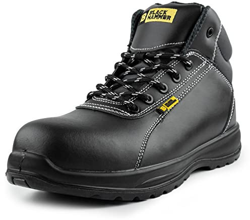 Black Hammer Mens Leather Safety Boots S3 SRC Composite Toe Cap Kevlar Non Metallic Metal Free lightweight Work Shoes Ankle Hiker 1500 (8 UK)