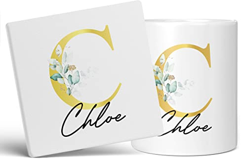 Personalised Letter C Floral Mug Initial with Name, Customised Gift, Gold Effect Printed Letter, NOT Metallic - Ceramic Coffee Cup for Men or Women, Extra Large and Giant Mug, 11oz White Cup & Coaster