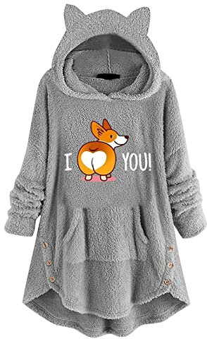 Vestaglia Invernale Cerniera Felpa con Cappuccio in Pile da Donna con Cappuccio e Orecchie di Gatto, Bottone, Stampa Carina, Maniche Lunghe, Maglione, Camicetta