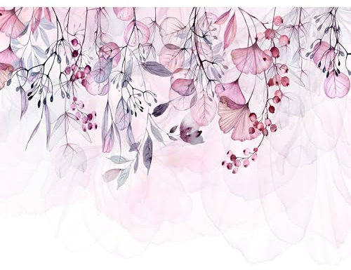 decomonkey - Papier Peint Panoramique Adhésif Plantes 441x315 cm - Stickers Muraux Salon Chambre Déco XXL Autocollant Murale Bureau - Rose gris violet - Fleurs feuilles nature plantes rose