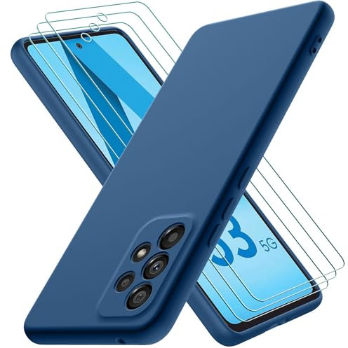 Oureidoo Coque pour Samsung Galaxy A53 5G, avec 3 Verre trempé Protection écran, Couche Intérieure Douce, Mince Souple Silicone Étui Protection Antichoc Bumper Housse TPU Téléphone Case Cover, Bleu