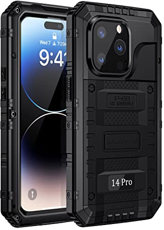 seacosmo iPhone 14 Pro Hülle Wasserdicht, Militärstandard Schutzhülle mit Eingebautem Displayschutz Stoßfest Metall Handyhülle für iPhone 14 Pro, Schwarz