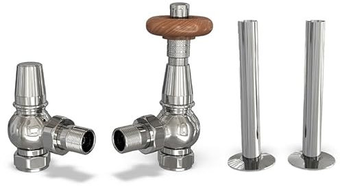 UK Radiators Chrome Thermostatic Radiator Valves and Angled Lockshield Valve - Polished Chrome Finish - Traditional Design 1/2 x 15mm Angled Radiator Valves with 130mm Pipe Sleeves