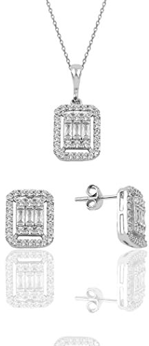 Wikora Silber Rhodinierter 2er Set mit Baguette Stein Halskette und Ohrringe, Kettenlänge 45cm, Anhänger Größe 11x9mm, Ohrring Größe 11x9mm