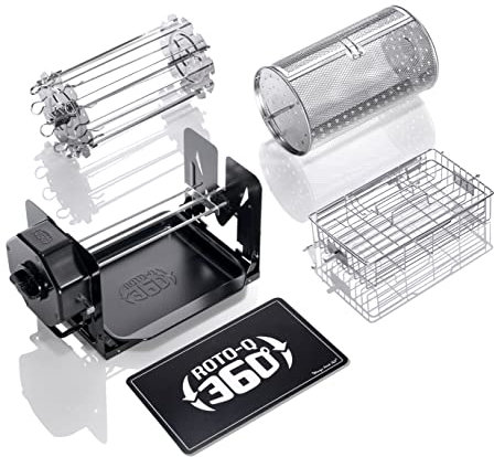 ROTO-Q 360 Family Bundle - Cordless Rotisserie Kit for Grills, Ovens, Smokers - Non-Electric Spit Roaster - Indoor/Outdoor BBQ - Durable Black Finish - Includes Rotisserie Attachments