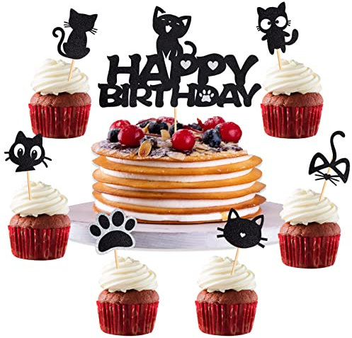 HSDSH 25 Stück Katze Cupcake Topper Schwarz Kätzchen Cake Topper Tortendeko Kindergeburtstag für Katzenliebhaber Kätzchen Thema Babyparty Kinder Geburtstag Hochzeit Party Kuchen Dekorationen Zubehör