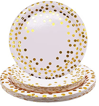 TOPWAYS Oro Blanc Platos Desechables Cumpleaños, 18cm 23cm Desechables Papel Elegantes Platos Fiesta Vajilla para Decoración Cumpleaños Niño Hombre Mujer, Bodas Aniversarios Picnics 16pcs/Tamaño