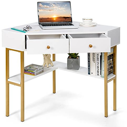GIANTEX Schreibtisch Eckschreibtisch, Computertisch Laptoptisch mit 2 Schubladen & Ablage, Computerschreibtisch Modern, Winkelschreibtisch Bürotisch Ecktisch Beistelltisch 71x71x75 cm (Weiß)