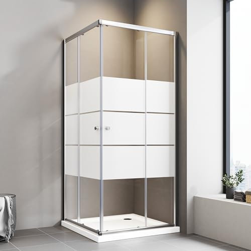 Duschkabine 90x90 cm Schiebetür Eckeinstieg Duschkabine mit Schiebetüren 5mm ESG Milchglas Streifen Duschschiebetür Eckeinstieg Duschabtrennung Duschwand Höhe 185cm