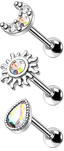 Melighting 16g Knorpelohrringe Sonne 3pcs Helix Piercing Schmuck Knorpelpiercings Regenbogen Edelstein Tragus, Conch, Lobe Piercings Chirurgischer Stahl Helix Ohrringe für Frauen