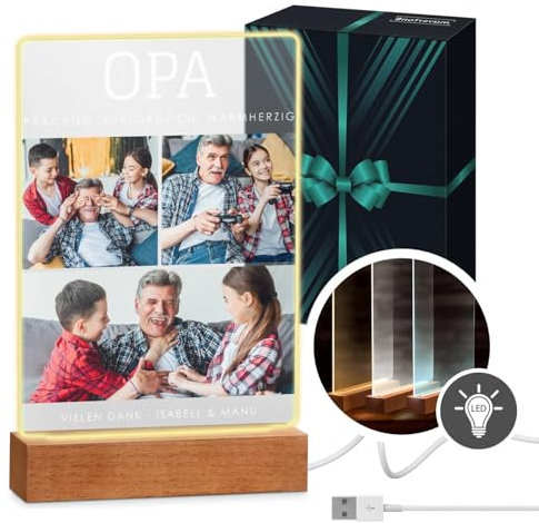 Maverton beleuchteter LED-Rahmen mit Holzständer - personalisiertes Acryl Glasbild mit eigenem Foto mit LED-Beleuchtung - Glasfoto für Männer zum Geburtstag - Größe: 15x24x4,5cm - Opa